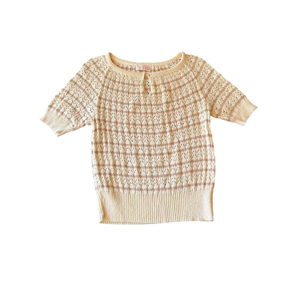 It's Pure Gould Knit Top Cream Tan Striped Pointelle Keyhole Vintage ILGWU USA